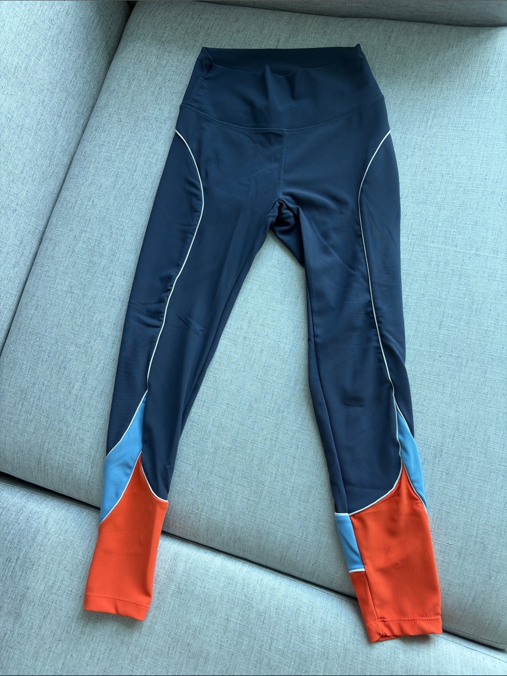 High-Waist Navy Leggings with Orange & Light Blue Panels